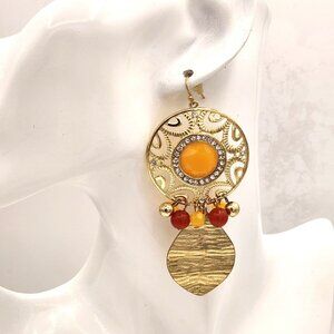Gold Filigree Dangle Earrings Orange Red Beads, Rhinestones Thailand Fall Party
